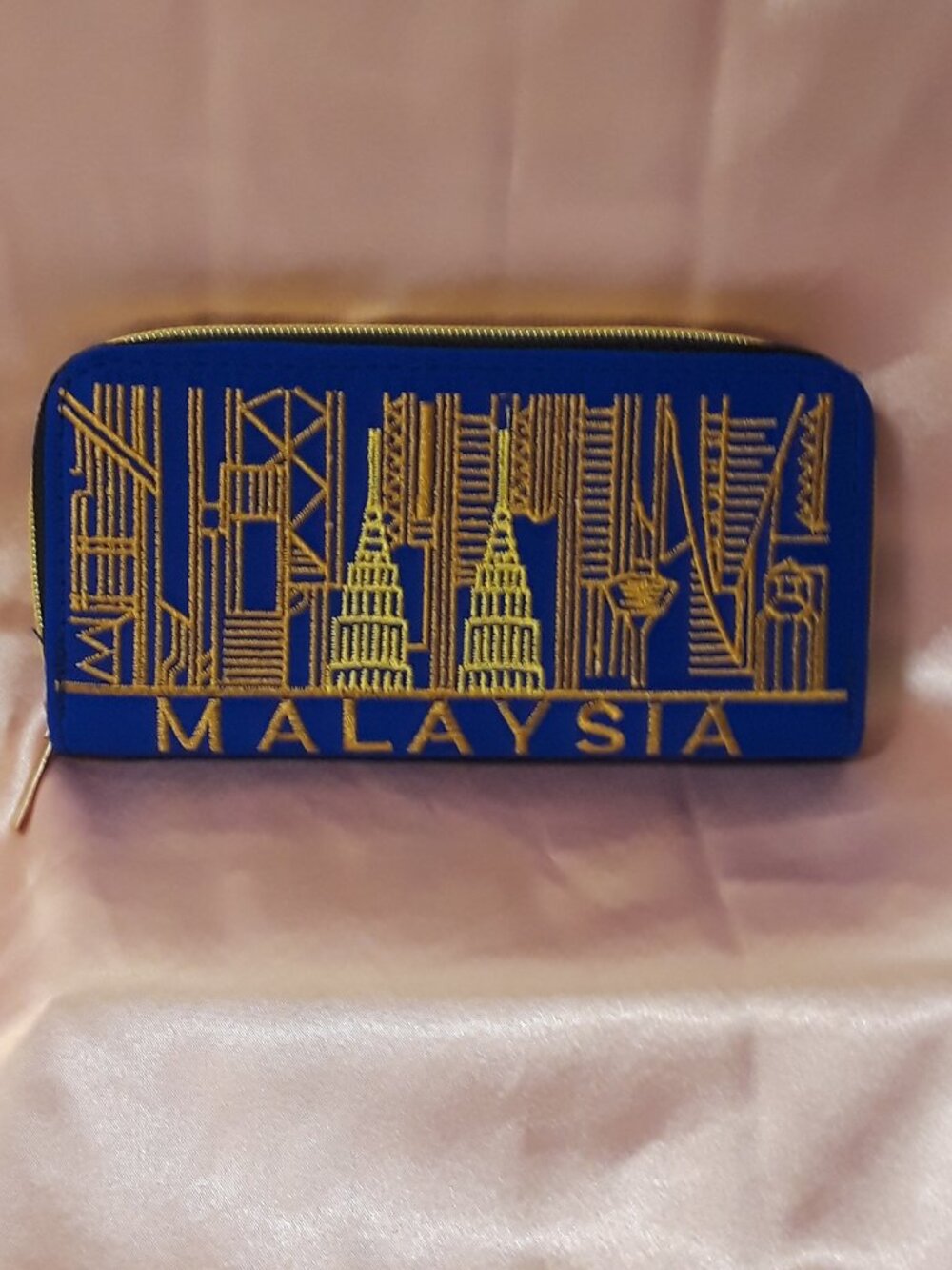 Malaysia Souvenir Travel Wallet Royal Blue & Gold-Thread Skyline Zip Around